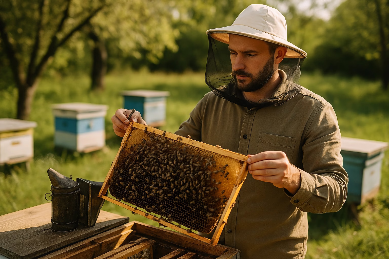 Third-generation beekeeper inspecting honeycomb frame full of bees in apiary profitable beekeeping and honey sales strategies