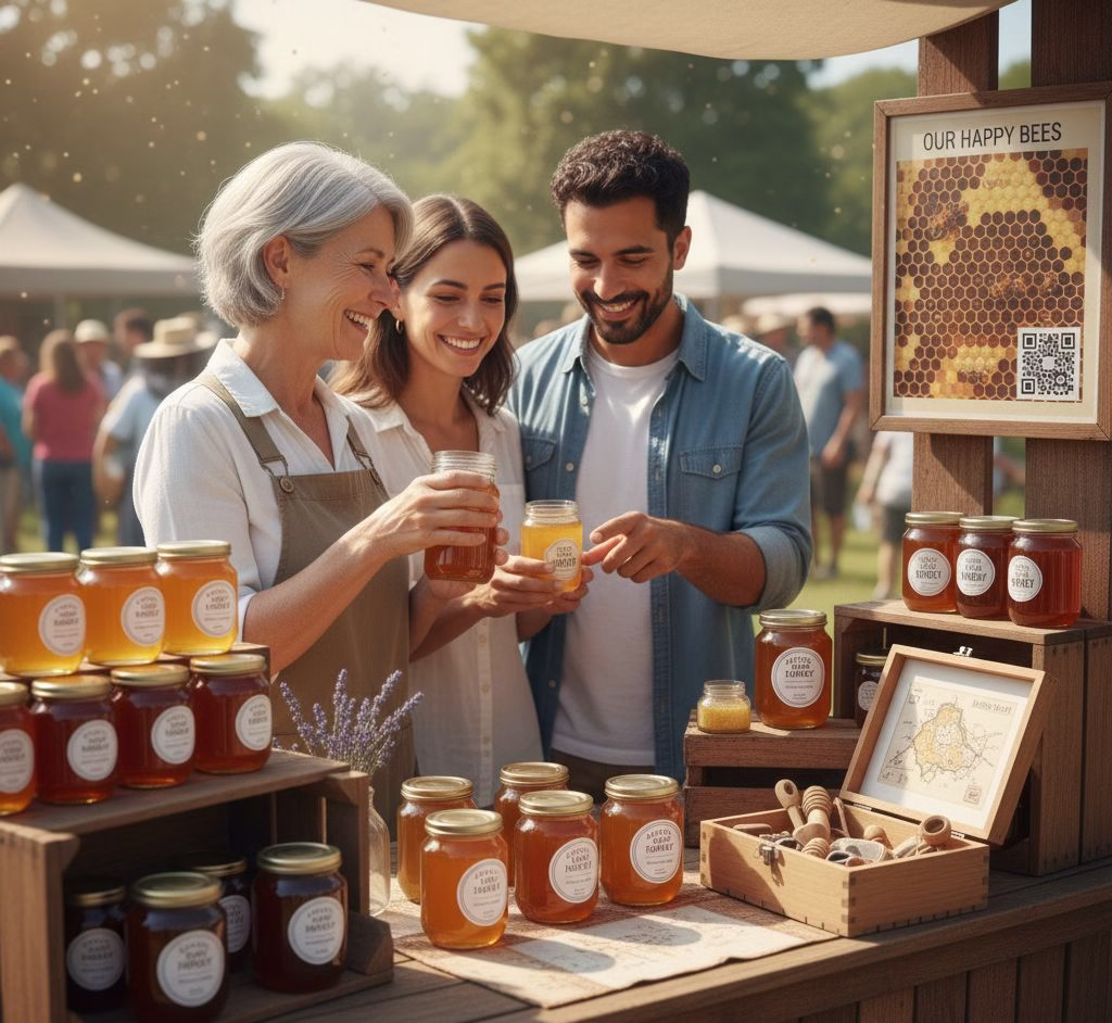 Beekeeper selling jars of local raw honey at a farmers market, showing growing customer demand and business growth in 2026