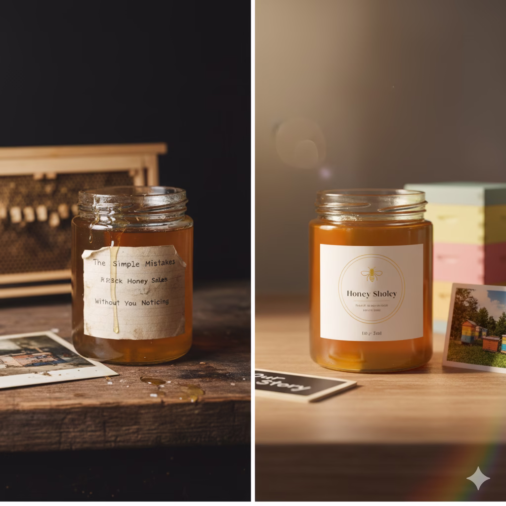 A beekeeper preparing honey jars with labels, showing how small presentation mistakes can affect honey sales.