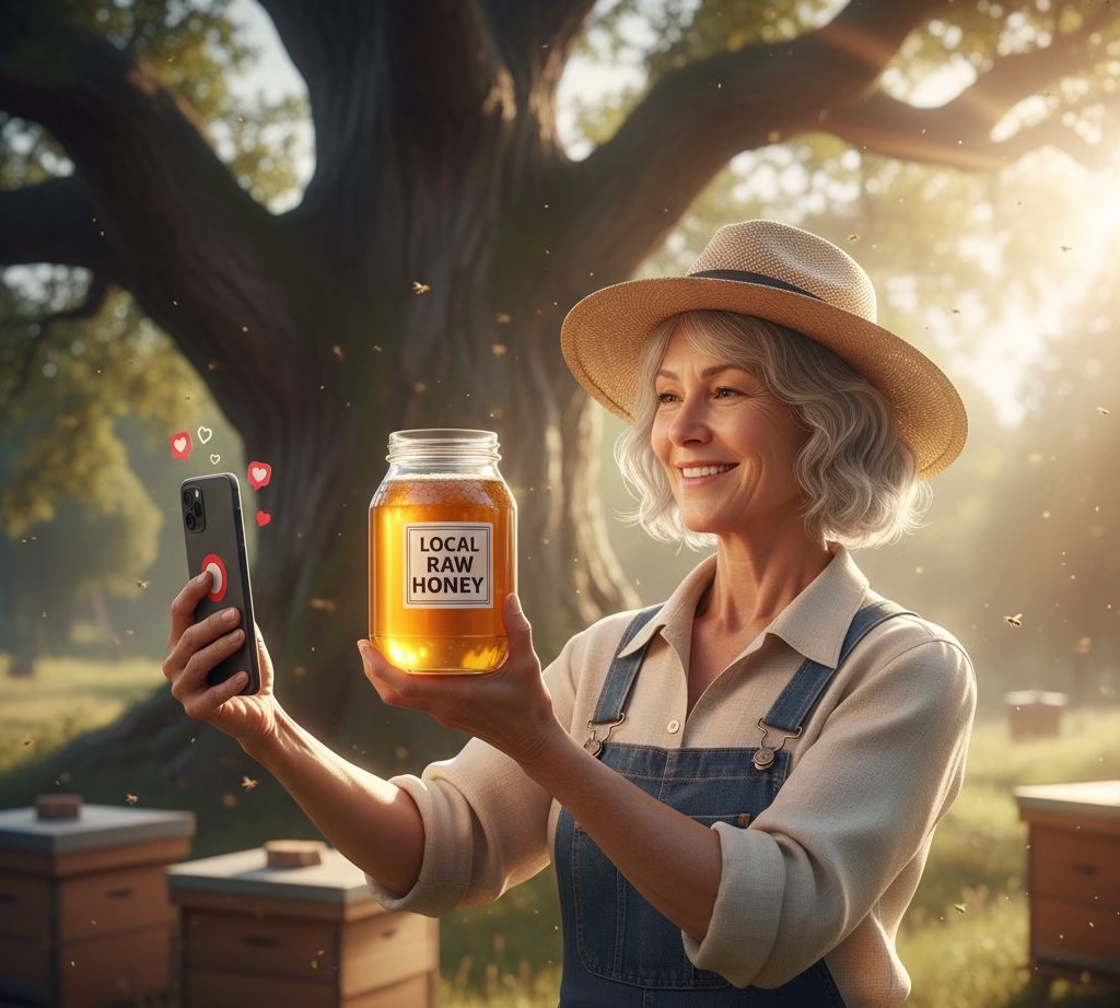 Beekeeper holding a jar of local raw honey while recording a social media video in the apiary.