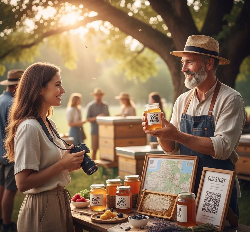 Customer buying local raw honey directly from a beekeeper at an outdoor market.