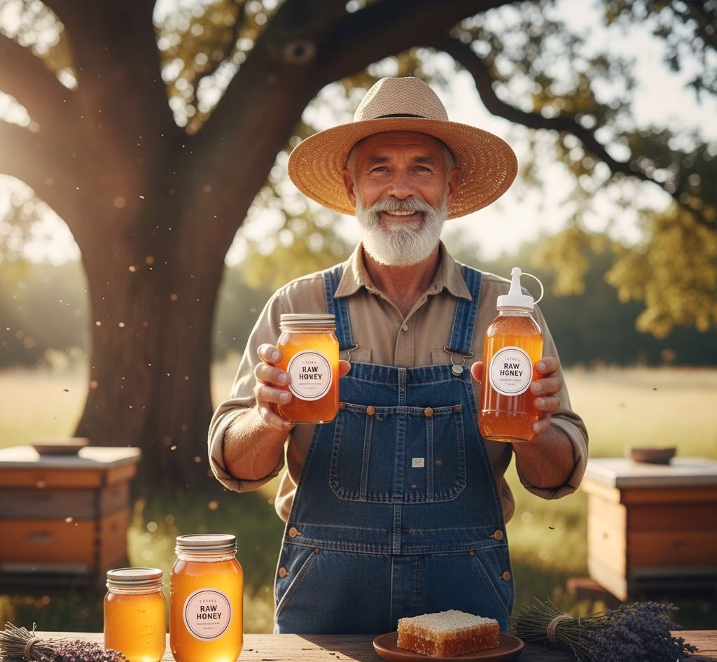 A beekeeper holding a glass honey jar and a plastic squeeze bottle side by side, showing the difference between honey packaging options.