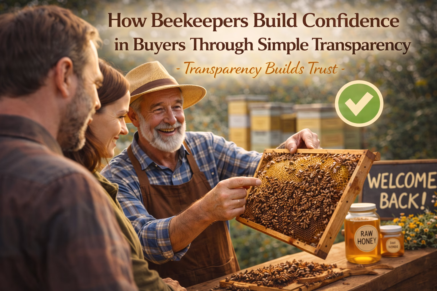 Beekeeper showing honey frames to build trust with customers